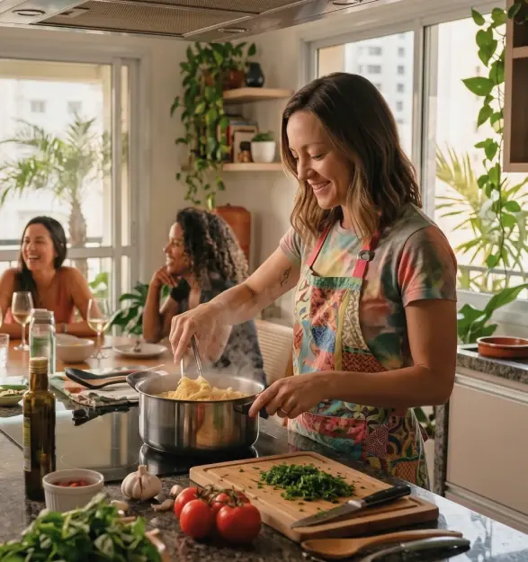 Mulher de avental colorido cozinha massa para duas amigas em uma cozinha com plantas.